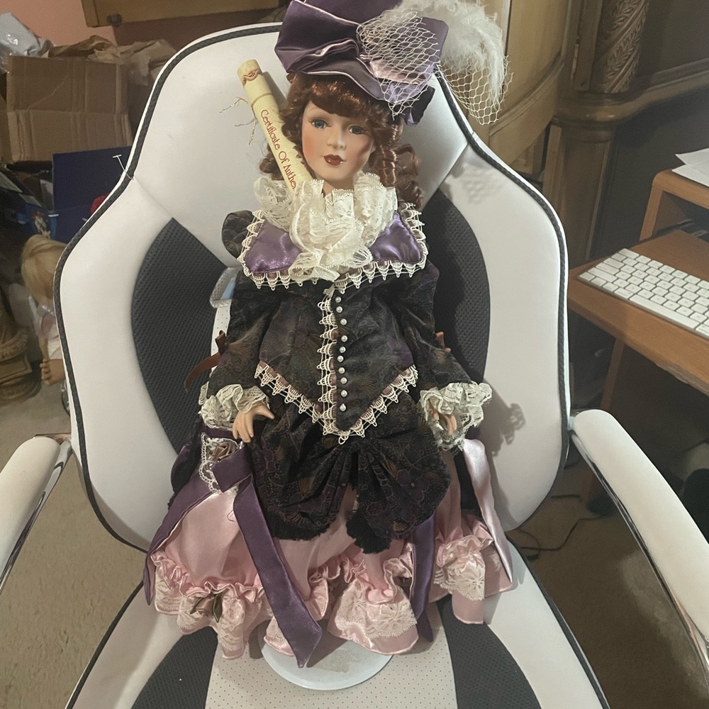 Victorian Style Porcelain Doll with Purple and Pink Dress 19” tall